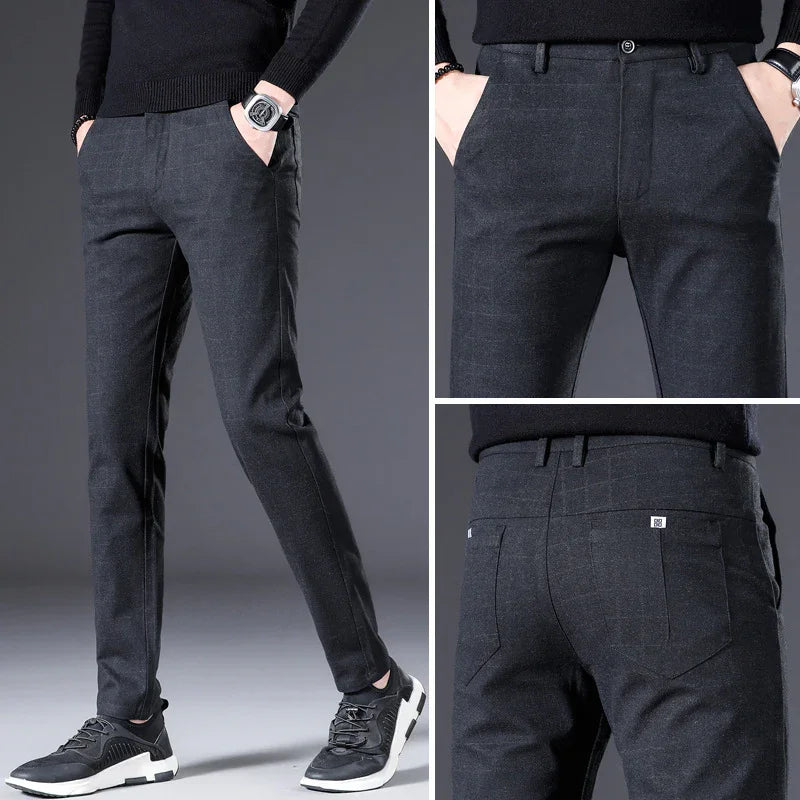Men's dark gray slim fit casual pants styled with black sneakers and black sweater, front and back views