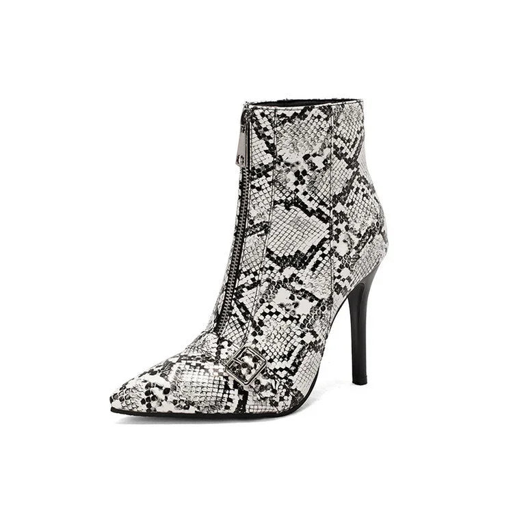 Women's pointed toe high heel ankle boot with black and white snakeskin pattern and front zipper