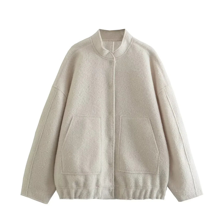 Beige wool bomber jacket with stand collar and front patch pockets