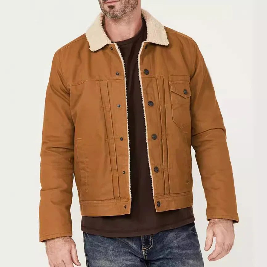 Man wearing brown sherpa-lined jacket with button closure and jeans on white background