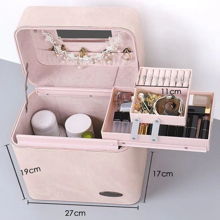 pink cosmetic organizer box with compartments holding jewelry, lipsticks, skincare bottles, and mirror