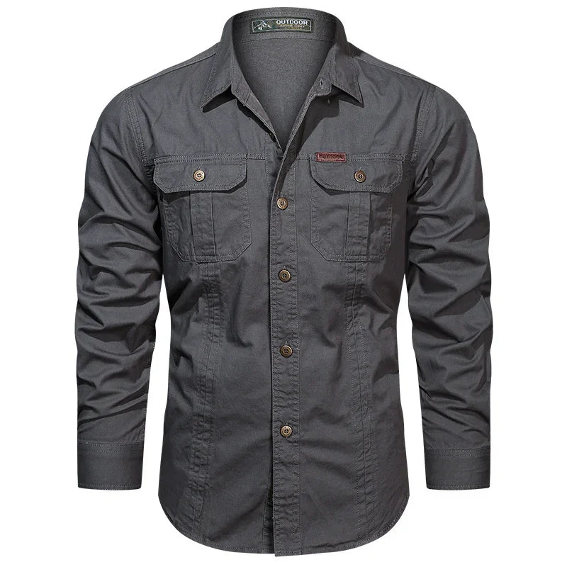 Men's dark gray long-sleeve outdoor shirt with buttoned chest pockets and collar