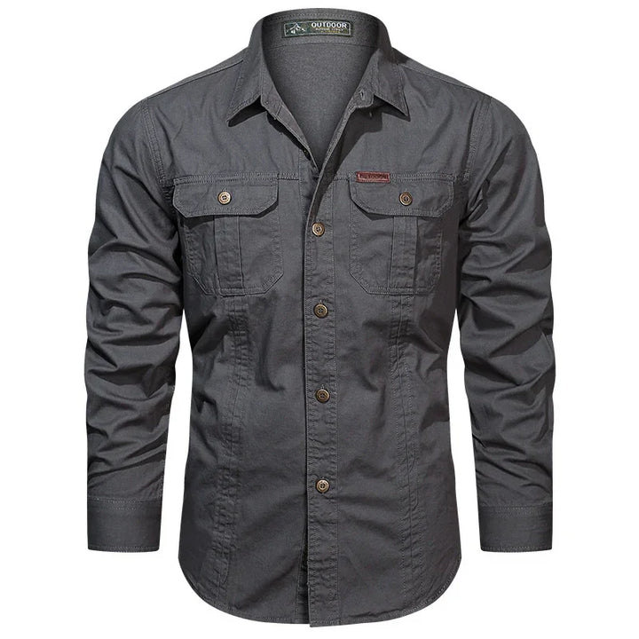 Men's dark gray long-sleeve outdoor shirt with buttoned chest pockets and collar