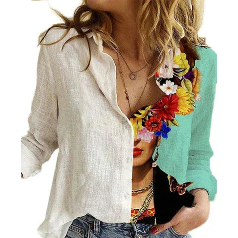 Woman wearing unique half beige and half floral print shirt with colorful flowers and jewelry