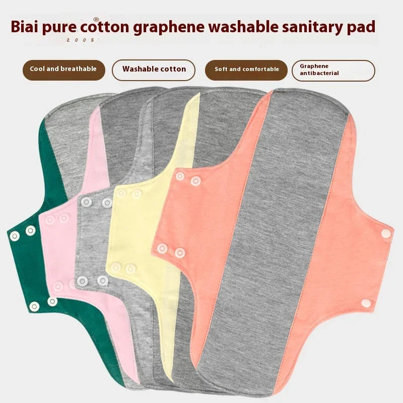 Colorful pure cotton graphene washable sanitary pads in green, pink, gray, yellow, and peach with snap buttons