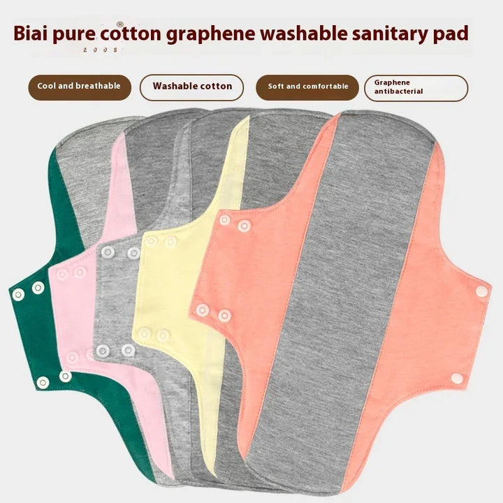 Colorful pure cotton graphene washable sanitary pads in green, pink, gray, yellow, and peach with snap buttons