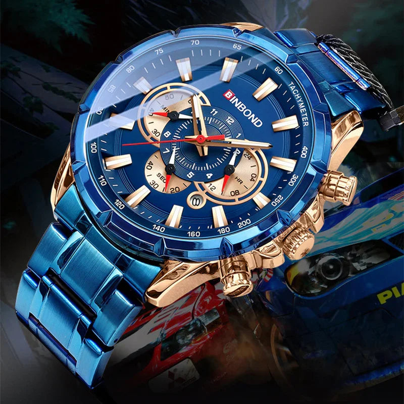 Blue and gold BINBOND men's chronograph wristwatch with tachymeter and metal link band