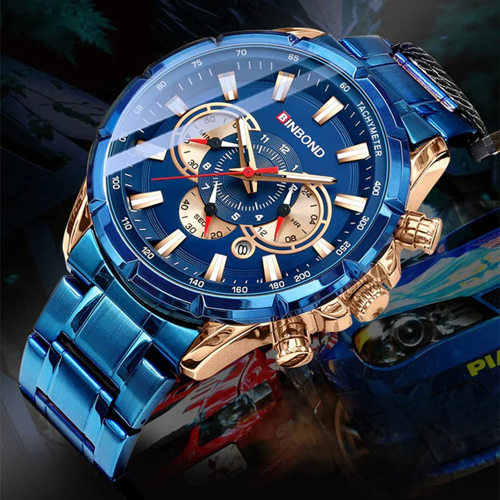 Blue and gold BINBOND men's chronograph wristwatch with tachymeter and metal link band