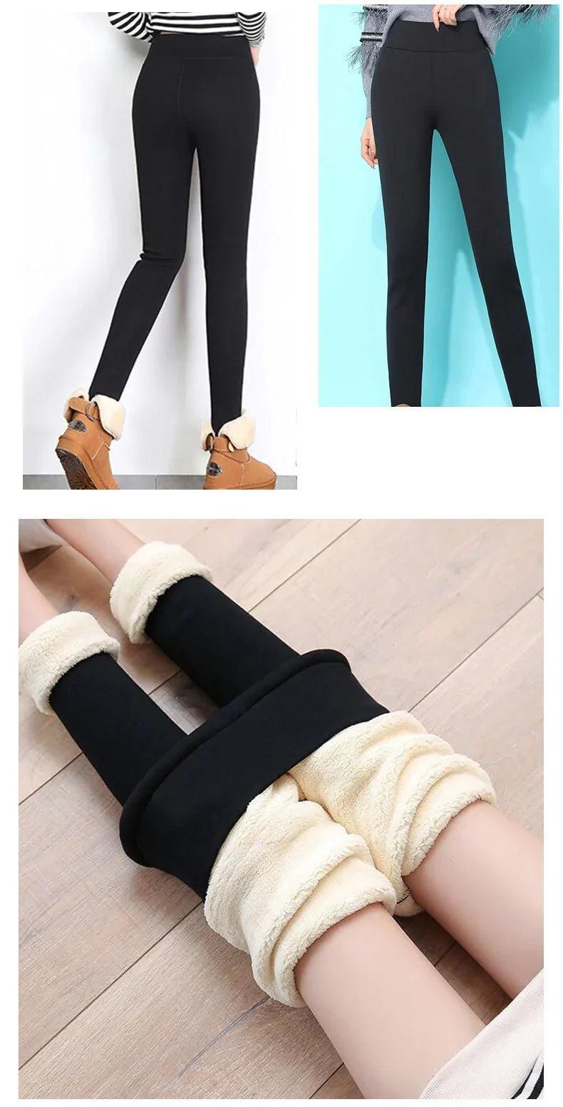 Black high-waisted fleece-lined leggings for women, shown front, back, and inside soft warm lining