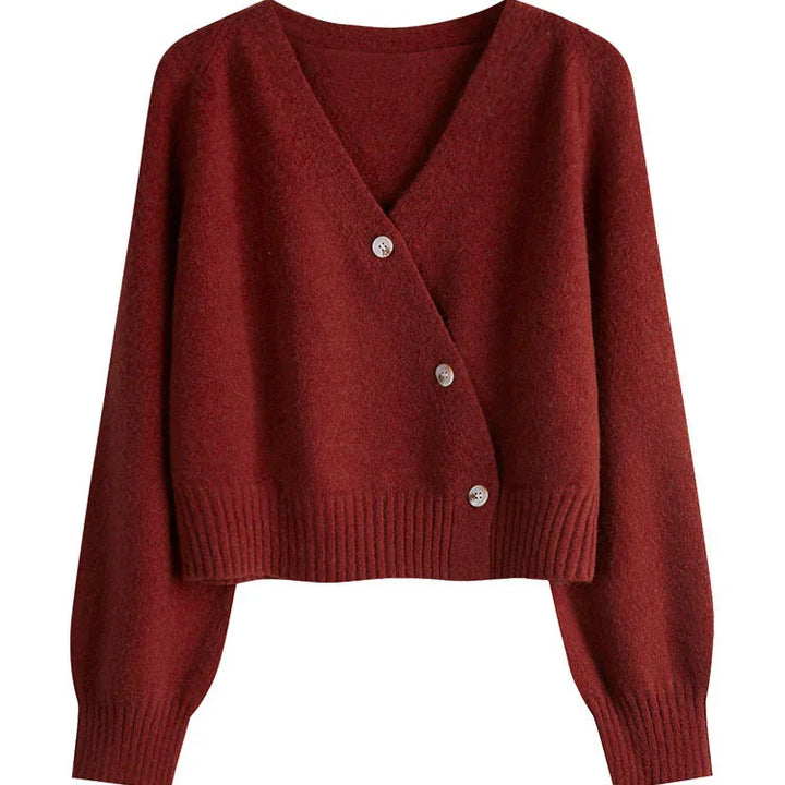 rust red V-neck buttoned wool cardigan sweater with ribbed hem and cuffs