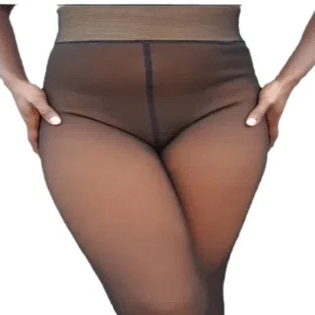 Close-up of woman wearing sheer brown pantyhose with reinforced waistband and seams