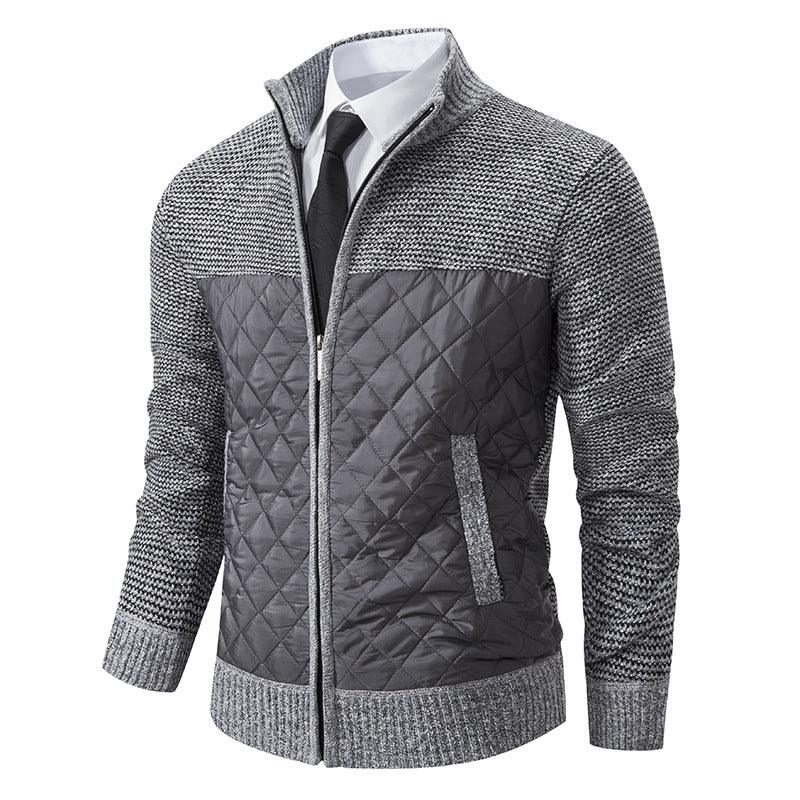 Men's gray quilted and knitted zip-up jacket with white shirt and black tie on mannequin