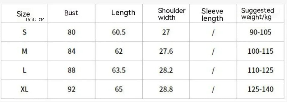 Women's top size chart showing bust, length, shoulder width, and suggested weight in kg.