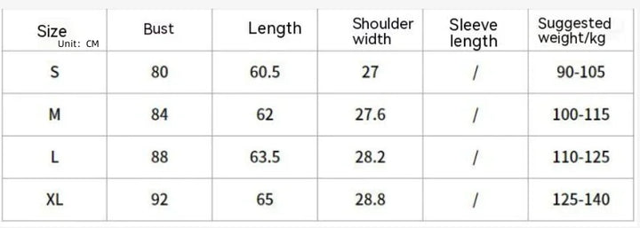 Women's top size chart showing bust, length, shoulder width, and suggested weight in kg.