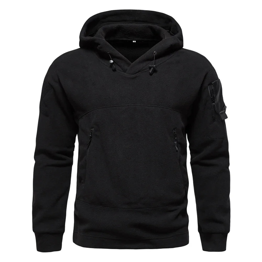 Black fleece hoodie with zippered pockets and arm pocket, tactical streetwear style