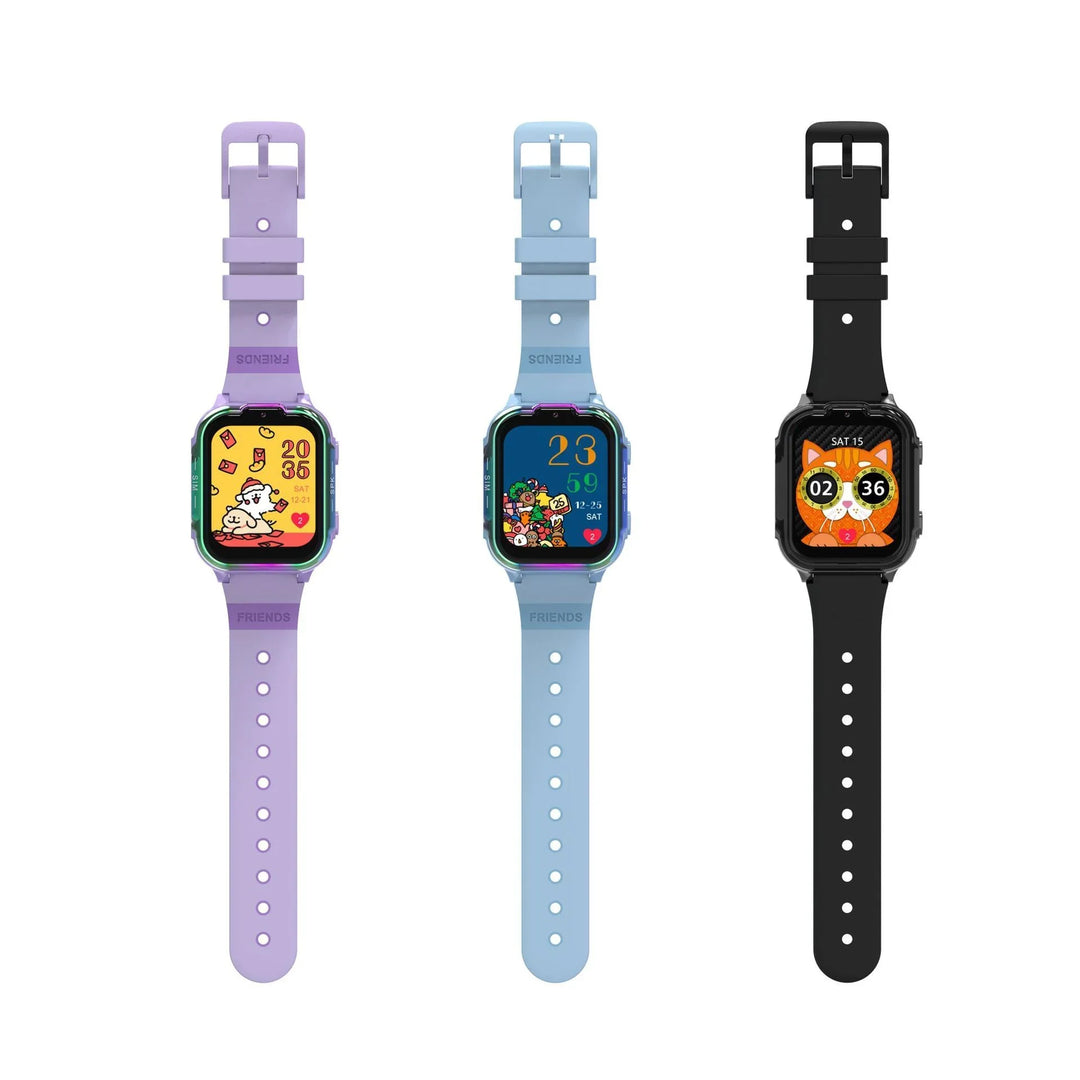 Three kids smartwatches with purple, blue, and black straps, each showing cartoon animal watch faces