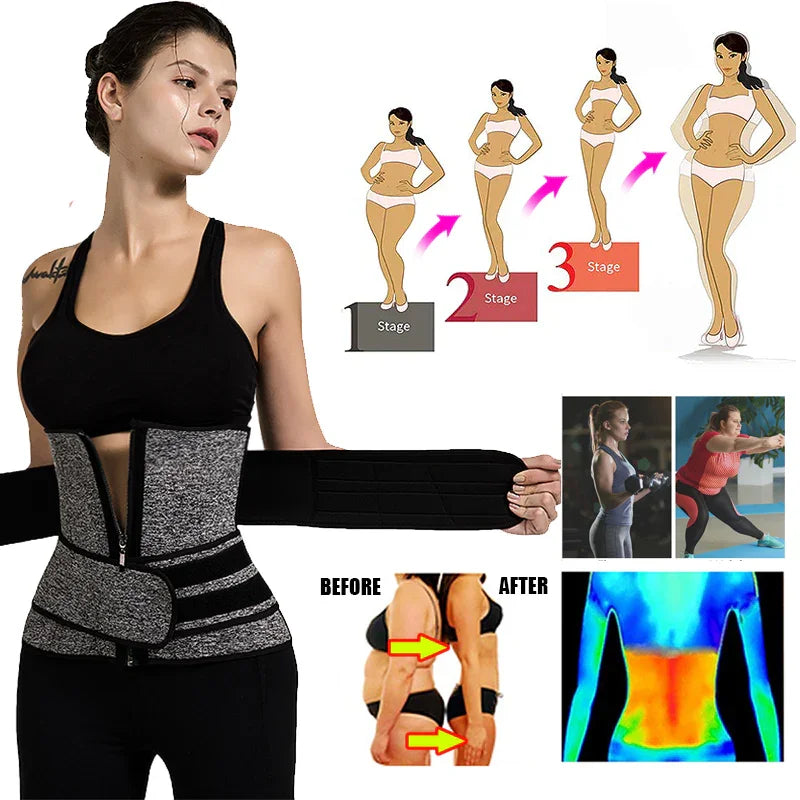 Woman wearing gray waist trainer belt showcasing weight loss stages, before-after results, and exercise benefits