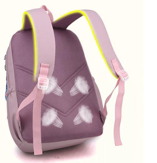 Pink and purple ergonomic backpack with ventilated mesh back panel and adjustable shoulder straps