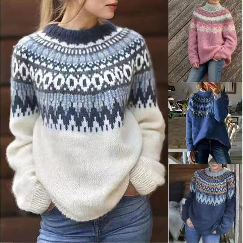 Women wearing cozy Nordic pattern knit sweaters in white, pink, blue, and navy colors with jeans