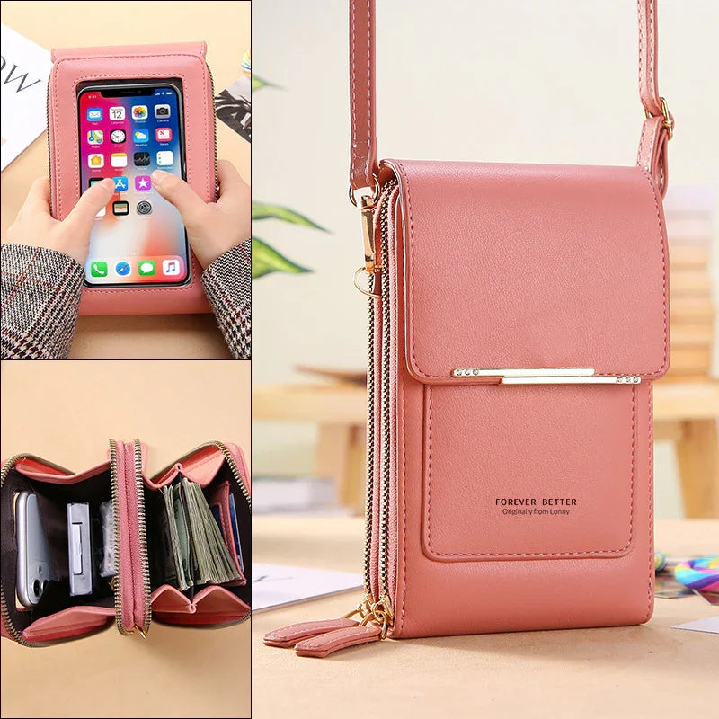 Pink crossbody phone bag with touchscreen window, multiple compartments, and gold zipper details