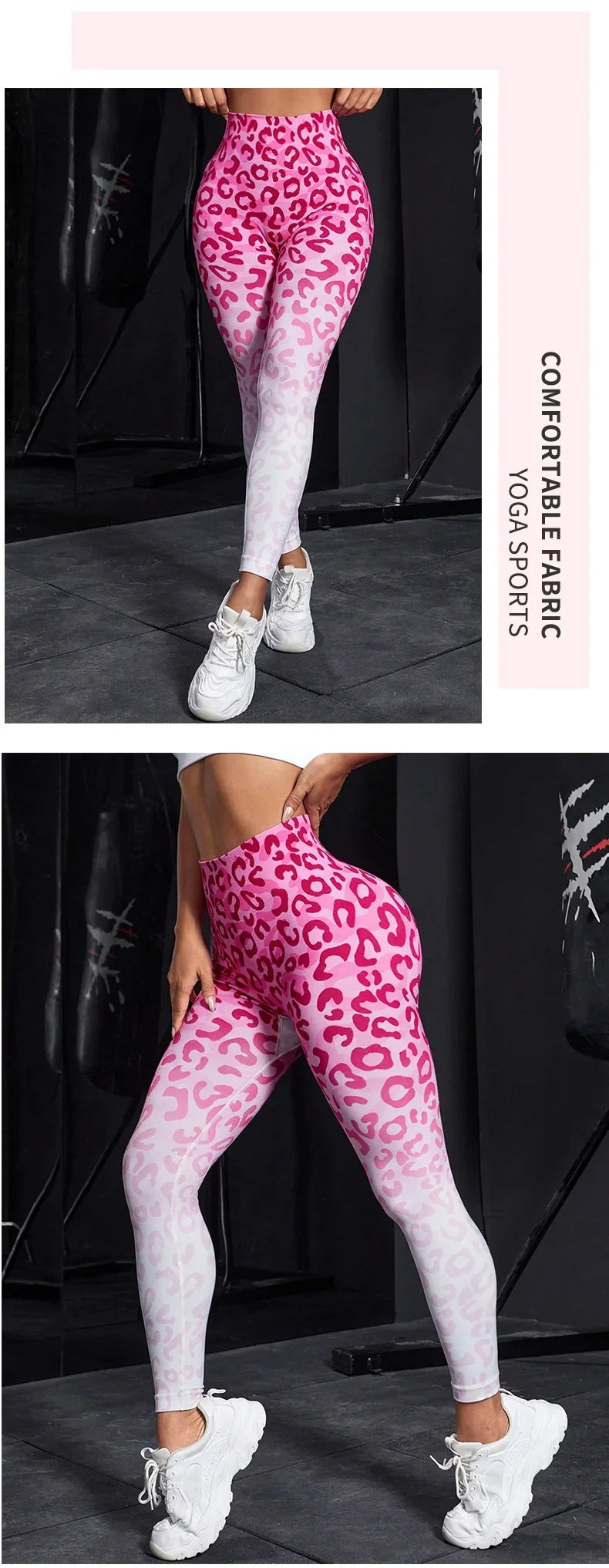 Woman wearing pink ombre leopard print high-waist yoga leggings with white sneakers in gym