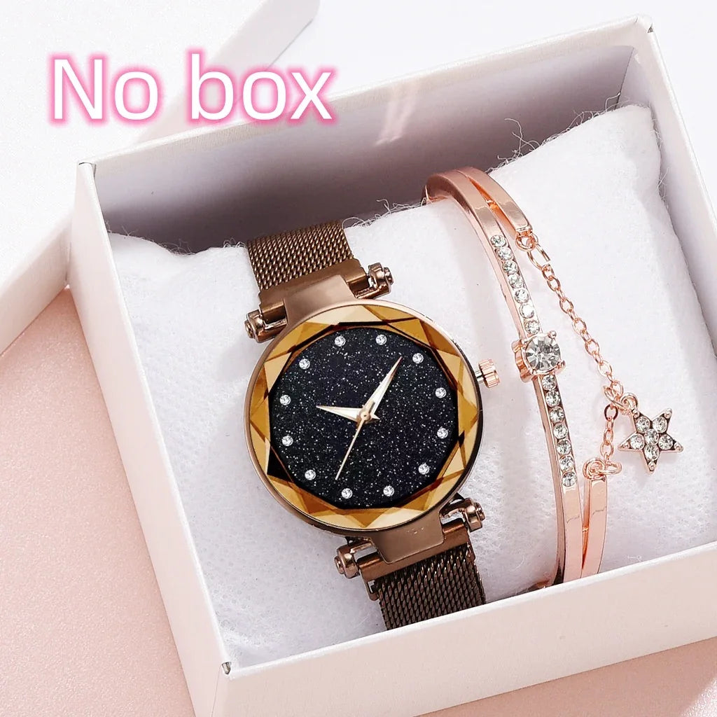 Rose gold mesh band watch with black glitter dial and crystal-studded rose gold bracelets in white gift box