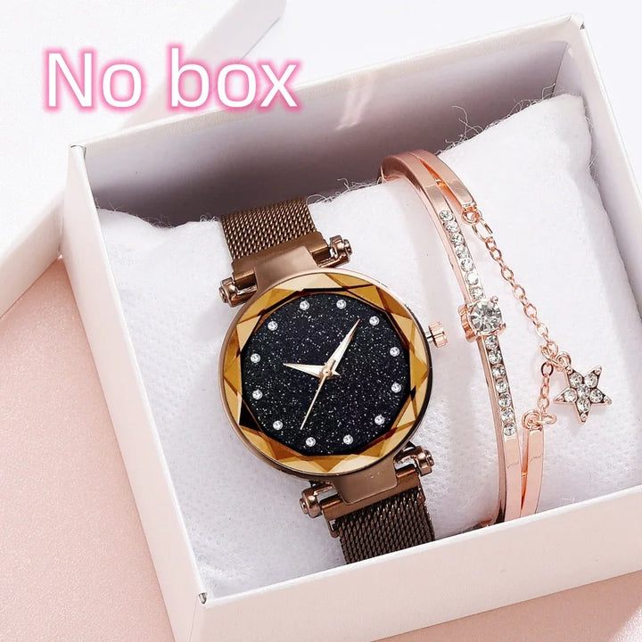 Rose gold mesh band watch with black glitter dial and crystal-studded rose gold bracelets in white gift box