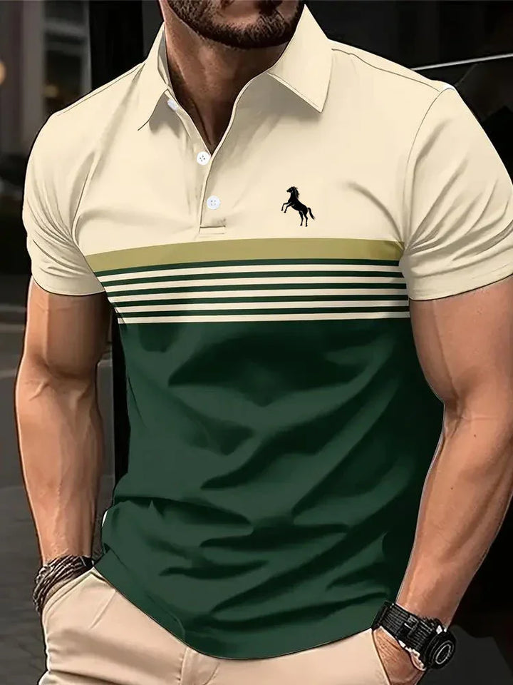 Man wearing a green and beige striped polo shirt with a horse logo on chest, casual outfit