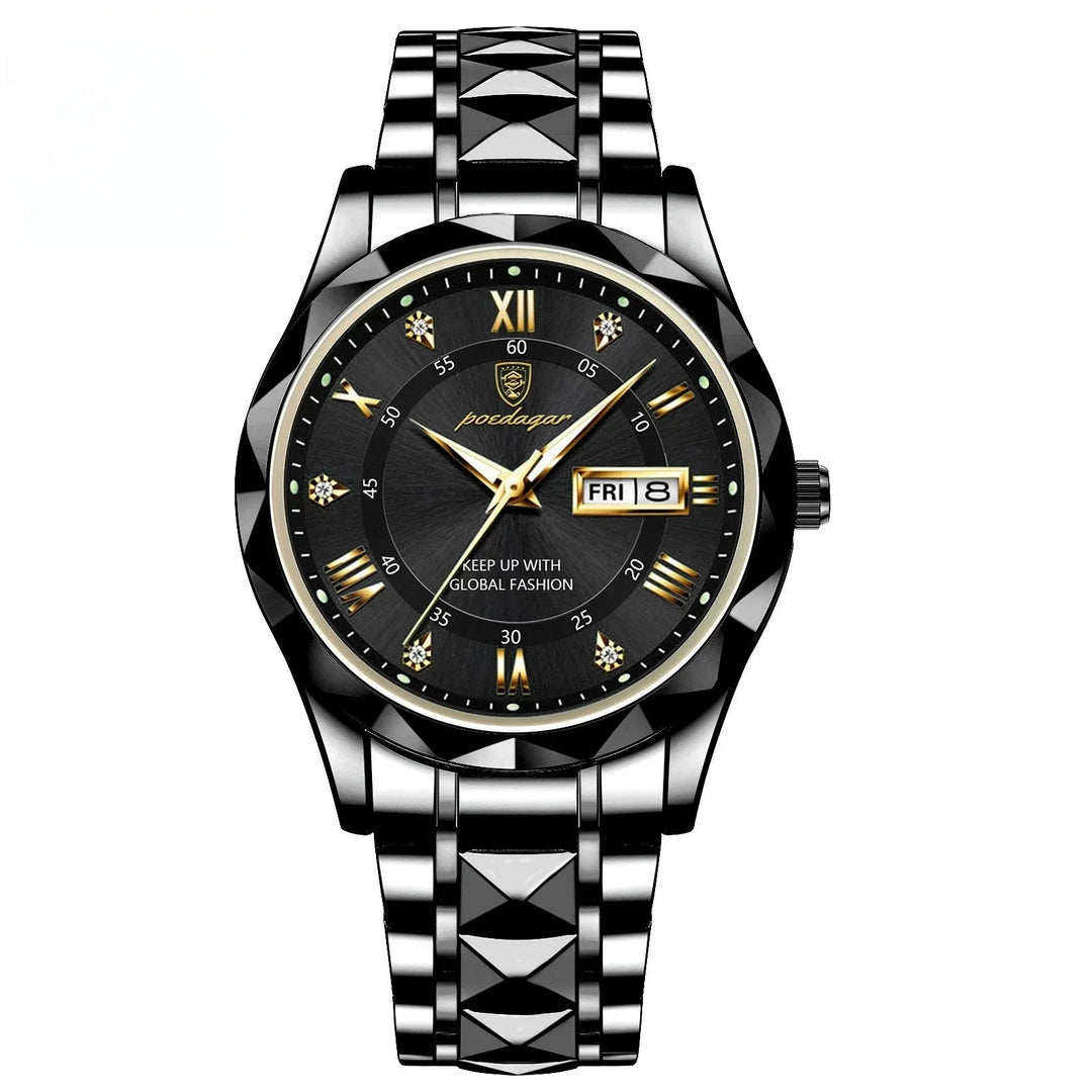 Black and gold luxury wristwatch with metal strap, date display, and diamond hour markers