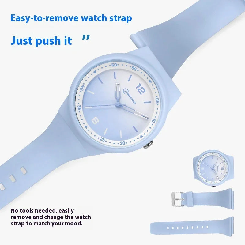 Light blue wristwatch with removable strap and easy-to-push release mechanism, no tools needed