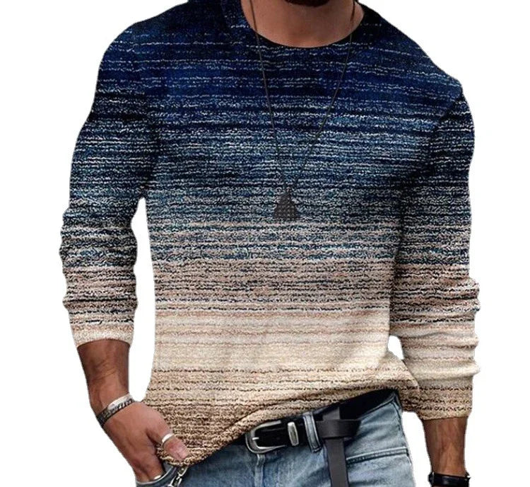 Man wearing gradient blue to beige striped long sleeve sweater with necklace and jeans