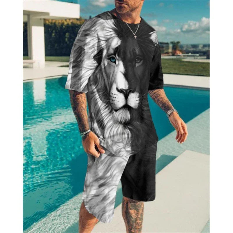 Man wearing black and white lion print matching t-shirt and shorts standing by a swimming pool