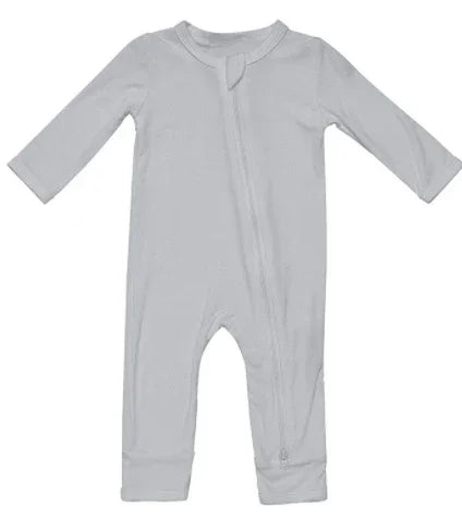 light gray baby onesie with long sleeves and zipper front on white background