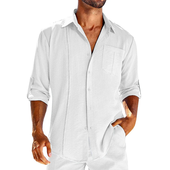 Men's white casual linen button-up shirt with chest pocket and rolled sleeves