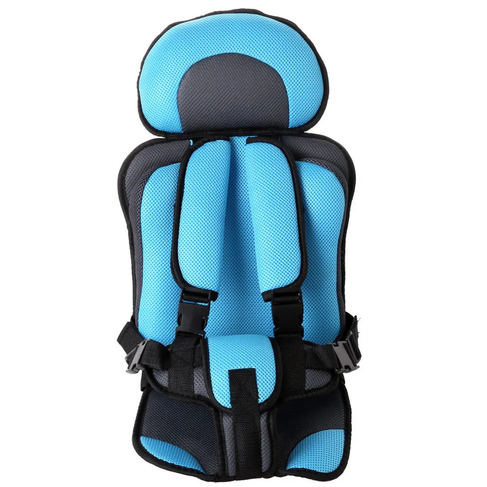 Blue and black padded child safety car seat with adjustable harness and headrest