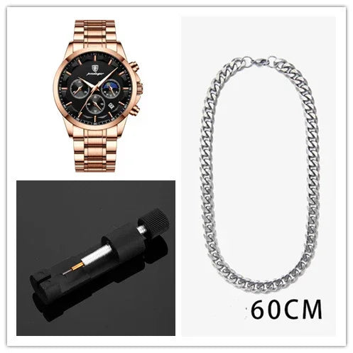 Rose gold chronograph wristwatch with black dial, silver chain necklace 60cm, and black watch link remover tool