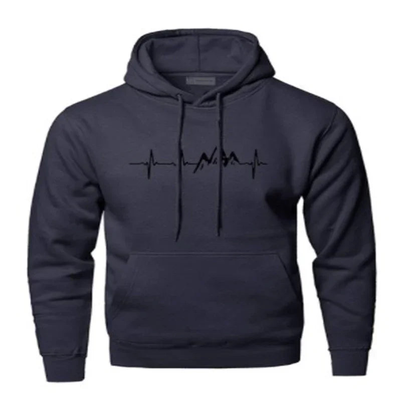 Black hoodie with heartbeat and mountain design printed on the chest