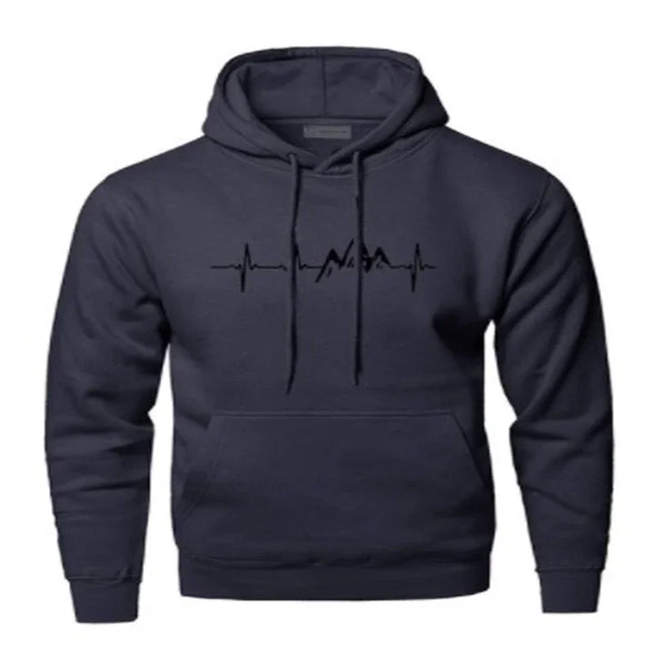 Black hoodie with heartbeat and mountain design printed on the chest