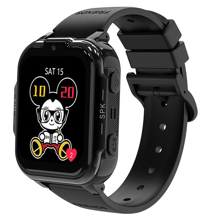 Black kids smartwatch with cartoon Mickey Mouse display, SOS button, and adjustable silicone band