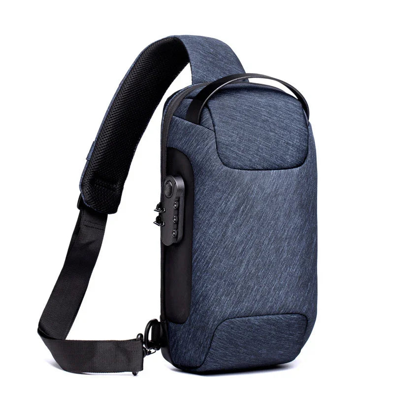 blue compact anti-theft crossbody sling backpack with padded strap and built-in combination lock