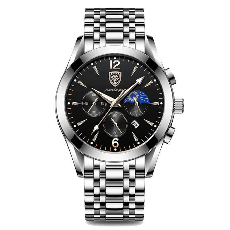 Silver stainless steel wristwatch with black dial, chronograph subdials, and moon phase display