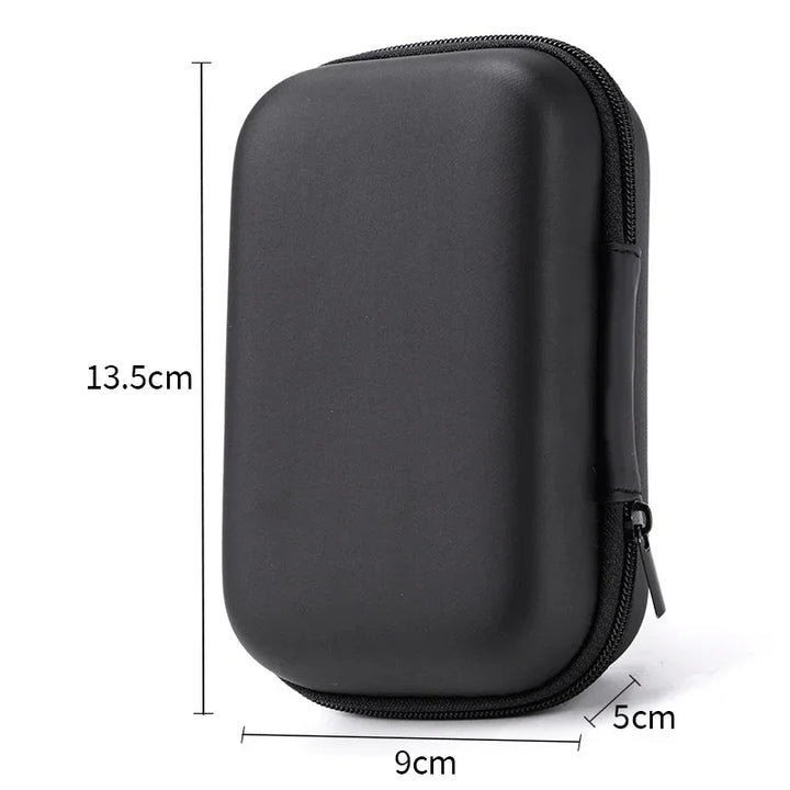 Black hard shell zippered carrying case 13.5x9x5cm, travel storage pouch