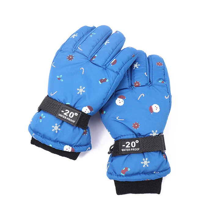 Blue waterproof winter gloves with Christmas patterns and -20° cold protection label