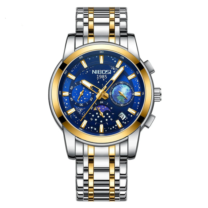 NIBOSI 1985 men's luxury wristwatch with blue celestial dial, gold accents, and two-tone metal band
