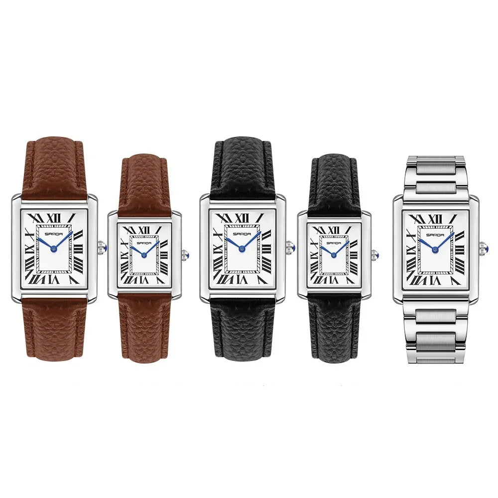 Five rectangular wristwatches with brown and black leather straps and one silver metal bracelet, white dials with Roman numerals