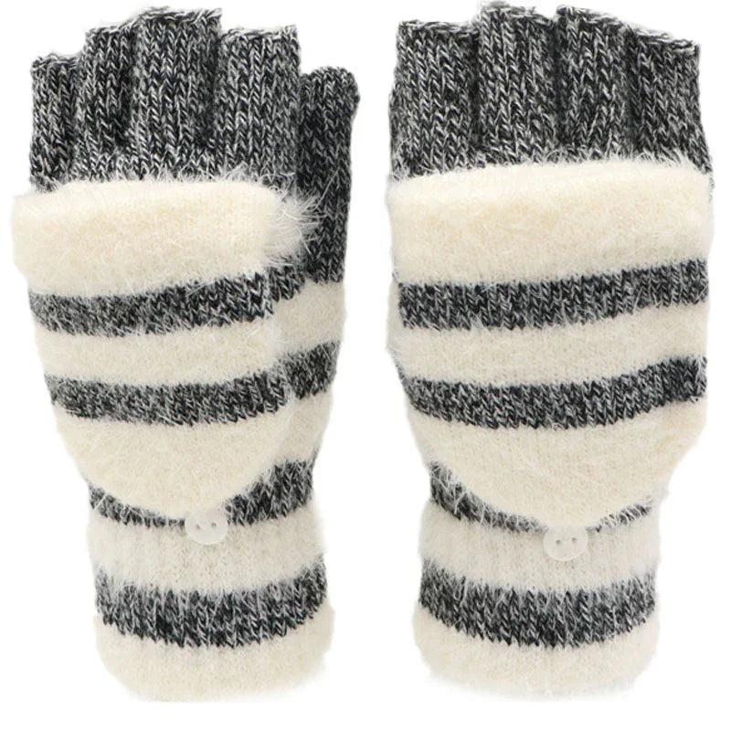 Black and white striped knit convertible fingerless gloves with fold-over mitten flaps and button closure