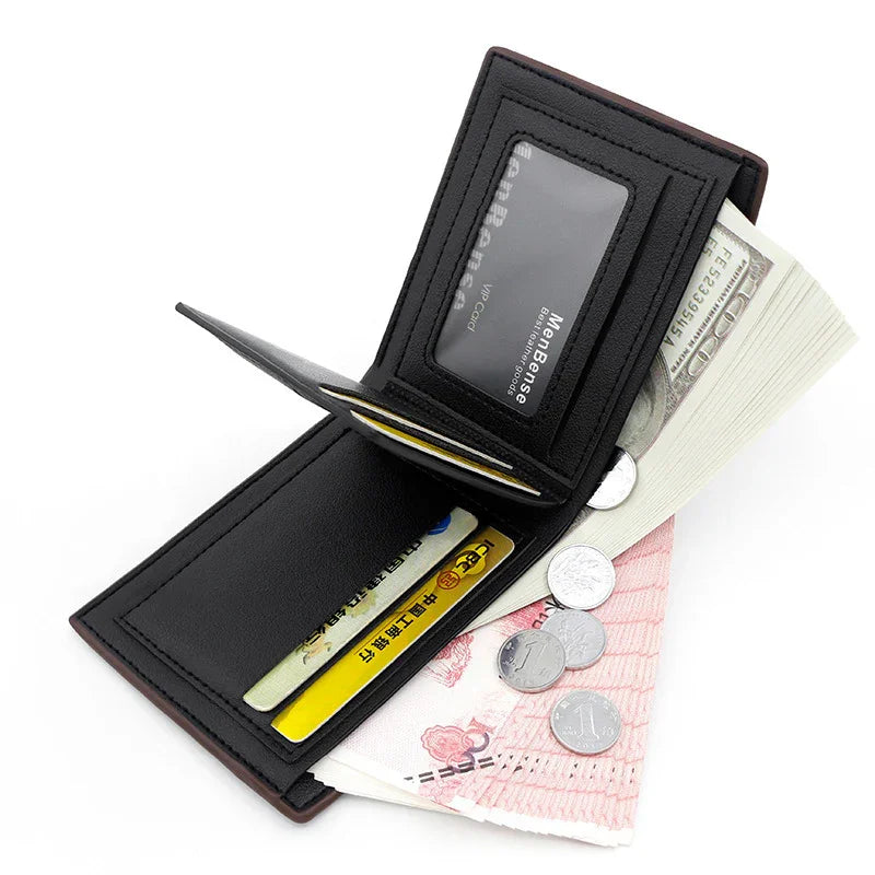 Black leather wallet with cash, coins, and credit cards including a VIP card holder
