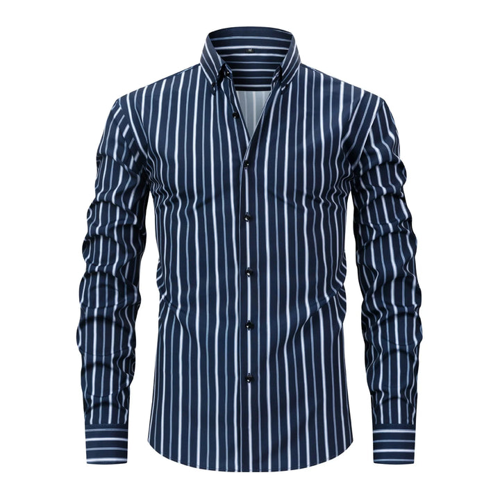 Men's navy blue dress shirt with white vertical stripes and button-down collar