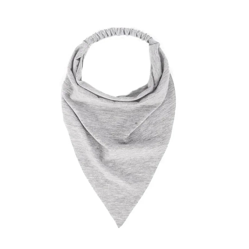 Light gray soft fabric bandana bib with elastic neck for babies, triangular design