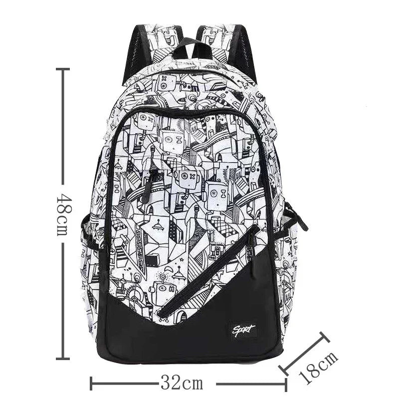 Black and white abstract patterned sport backpack with multiple zippers, size 48x32x18 cm